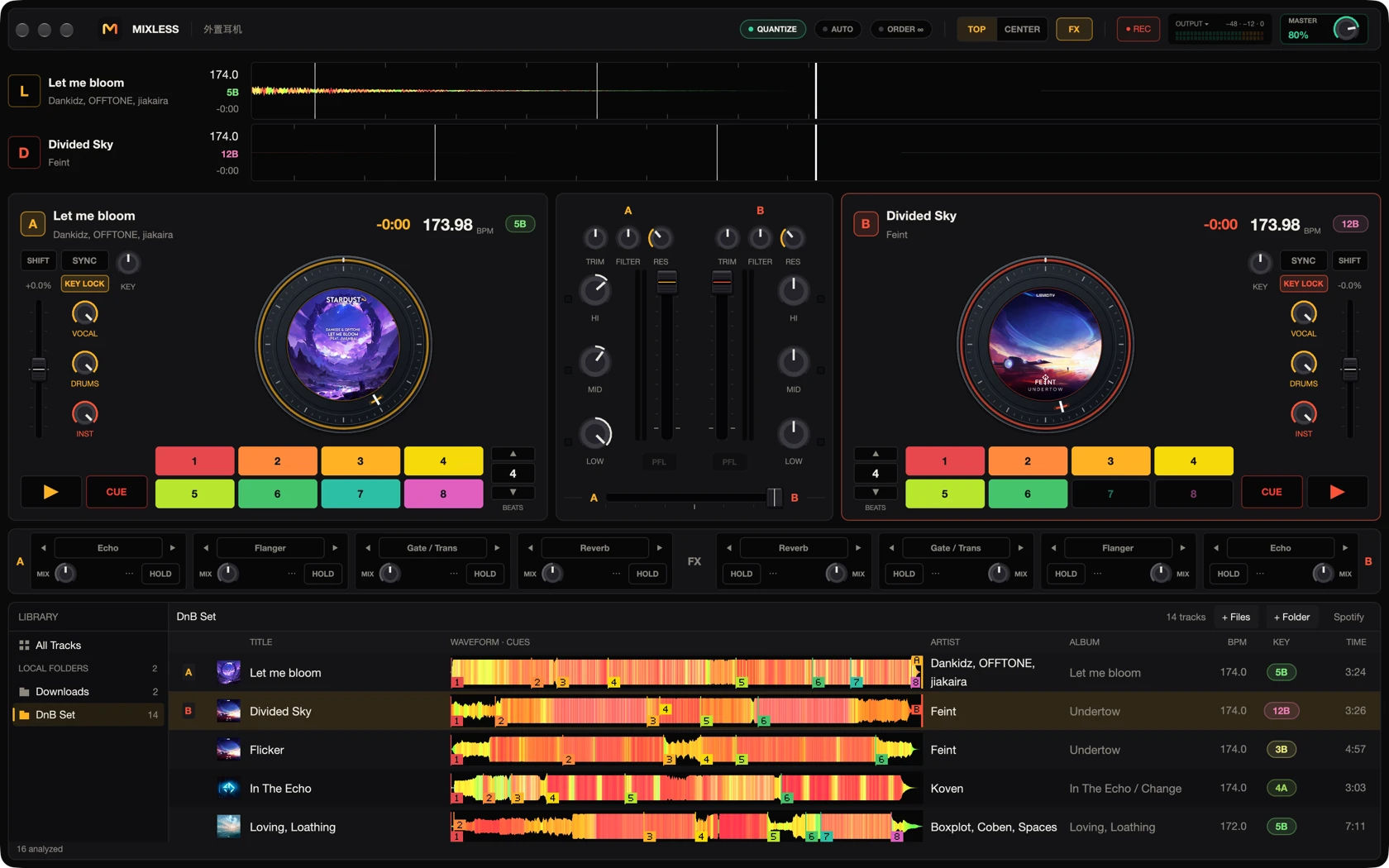 Mixless on macOS: two decks, vocal and drum controls, mixer, effects, and a local music library with colored waveforms.